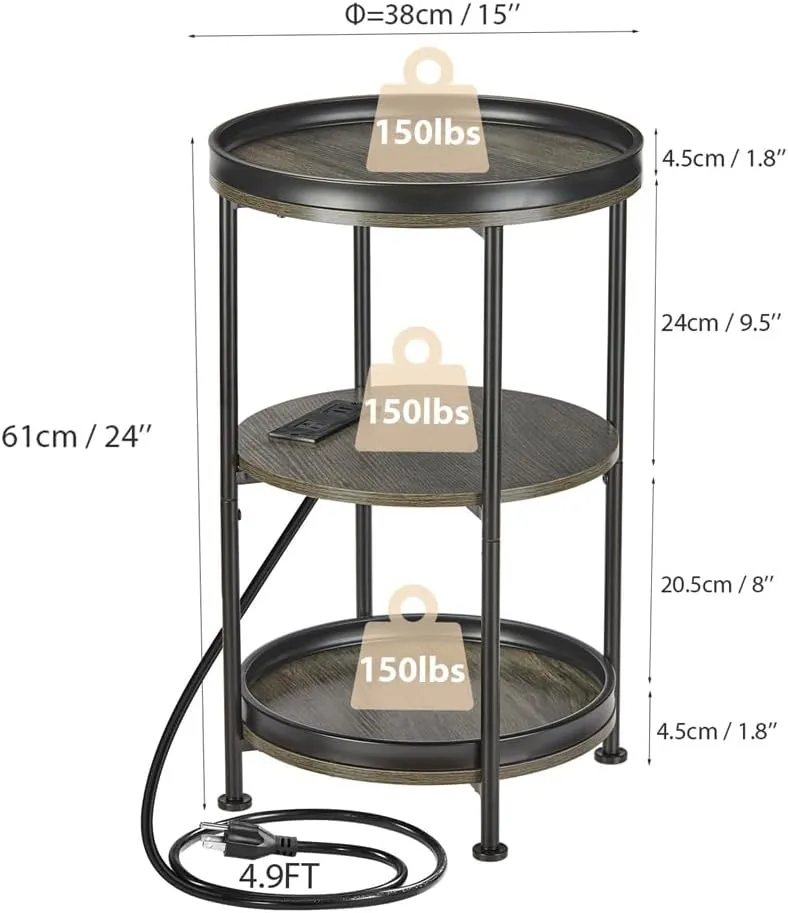 Dulcii Round Side Table with Charging Station, End Table with 3 Shelves for Living Room, Bedroom Nightstand with Steel Frame for Small Spaces, Industrial Round Sofa Table (USB Grey)