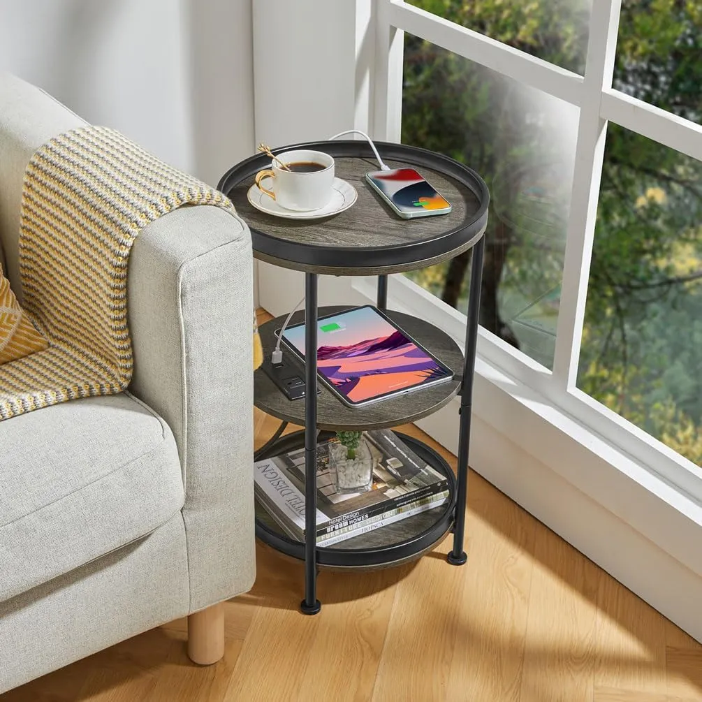Dulcii Round Side Table with Charging Station, End Table with 3 Shelves for Living Room, Bedroom Nightstand with Steel Frame for Small Spaces, Industrial Round Sofa Table (USB Grey)