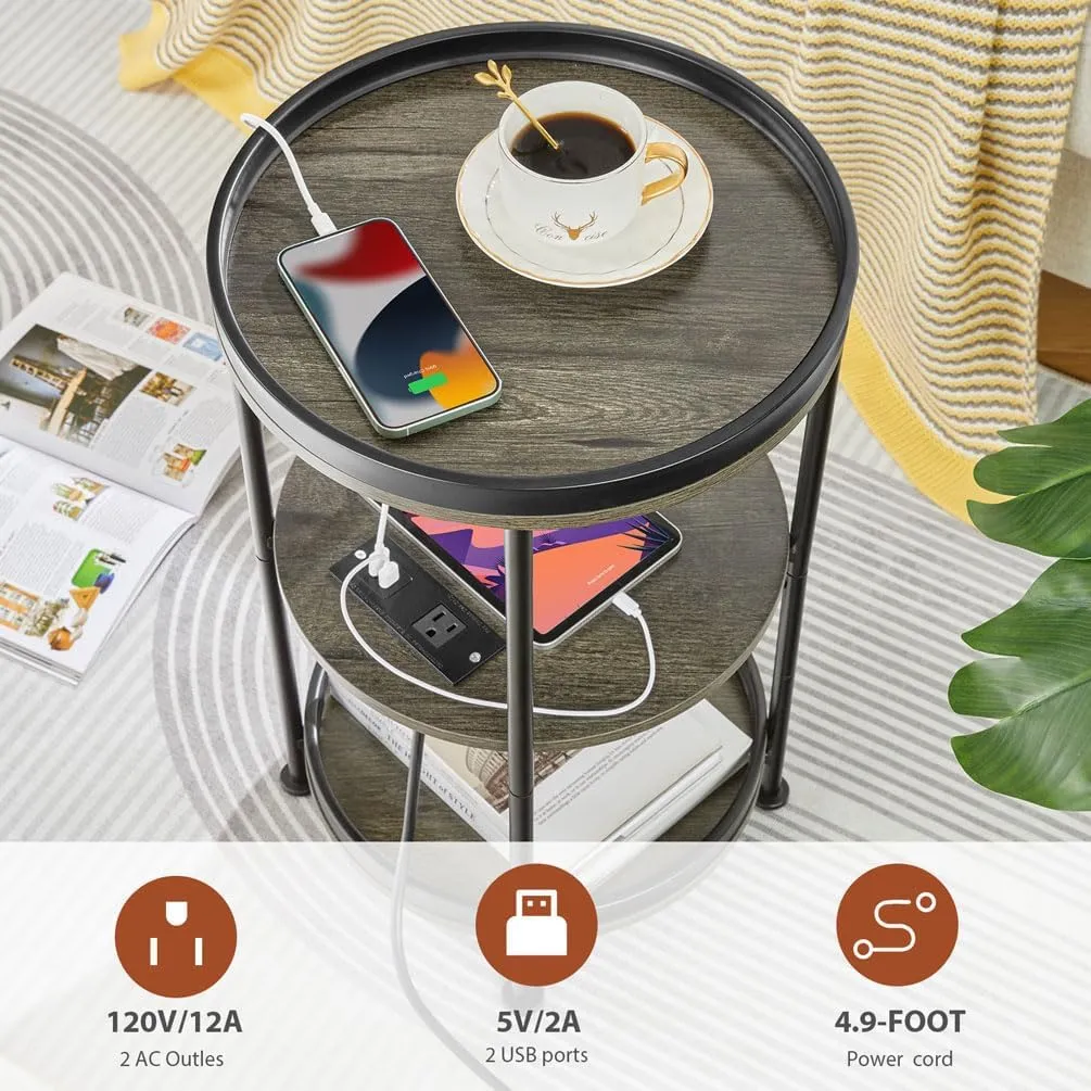 Dulcii Round Side Table with Charging Station, End Table with 3 Shelves for Living Room, Bedroom Nightstand with Steel Frame for Small Spaces, Industrial Round Sofa Table (USB Grey)