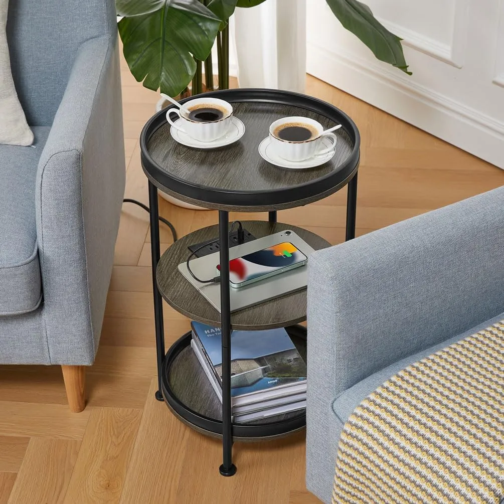 Dulcii Round Side Table with Charging Station, End Table with 3 Shelves for Living Room, Bedroom Nightstand with Steel Frame for Small Spaces, Industrial Round Sofa Table (USB Grey)