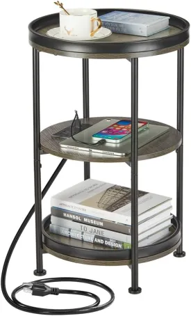 Dulcii Round Side Table with Charging Station, End Table with 3 Shelves for Living Room, Bedroom Nightstand with Steel Frame for Small Spaces, Industrial Round Sofa Table (USB Grey)