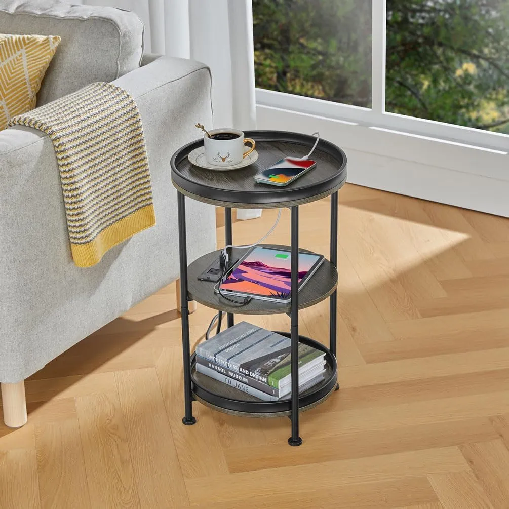 Dulcii Round Side Table with Charging Station, End Table with 3 Shelves for Living Room, Bedroom Nightstand with Steel Frame for Small Spaces, Industrial Round Sofa Table (USB Grey)