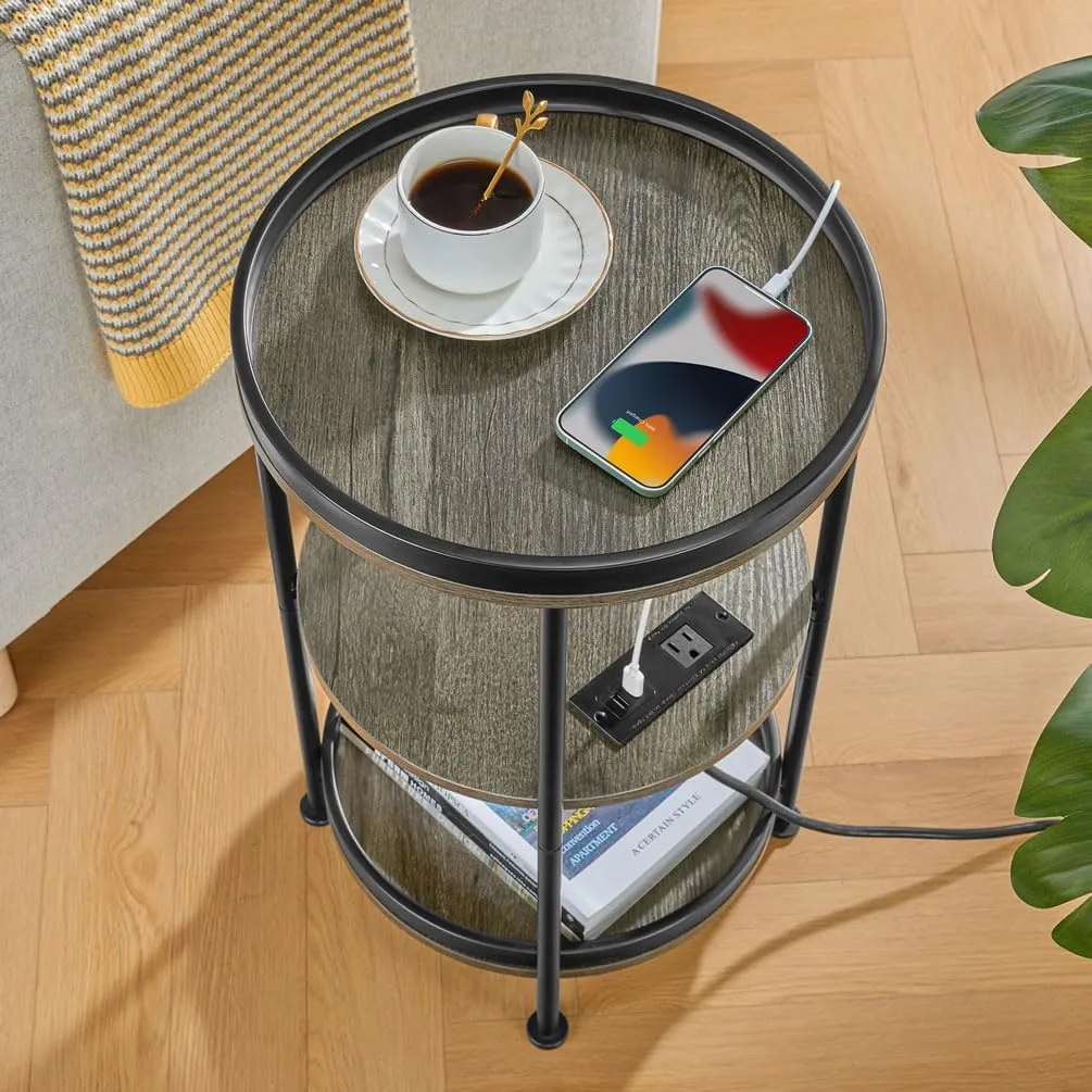 Dulcii Round Side Table with Charging Station, End Table with 3 Shelves for Living Room, Bedroom Nightstand with Steel Frame for Small Spaces, Industrial Round Sofa Table (USB Grey)