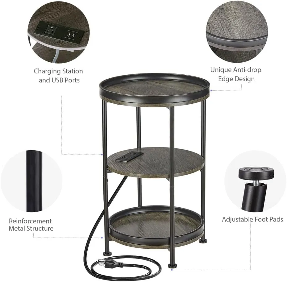 Dulcii Round Side Table with Charging Station, End Table with 3 Shelves for Living Room, Bedroom Nightstand with Steel Frame for Small Spaces, Industrial Round Sofa Table (USB Grey)