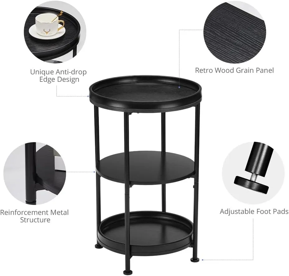 Dulcii Side Table, Round End Table with 3 Shelves for Living Room, Bedroom, Nightstand with Steel Frame for Small Spaces, Industrial Round Sofa Table, Outdoor Accent Coffee Table, Black