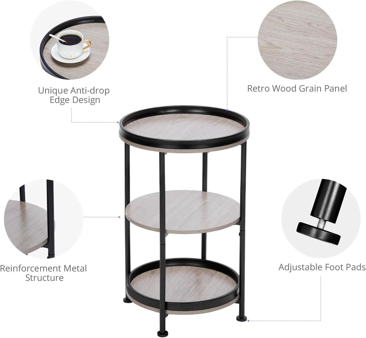 Dulcii Side Table, Round End Table with 3 Storage Shelves for Living Room, Bedroom, Nightstand with Steel Frame for Small Spaces, Industrial Round Sofa Table, Outdoor Accent Coffee Table, Oak