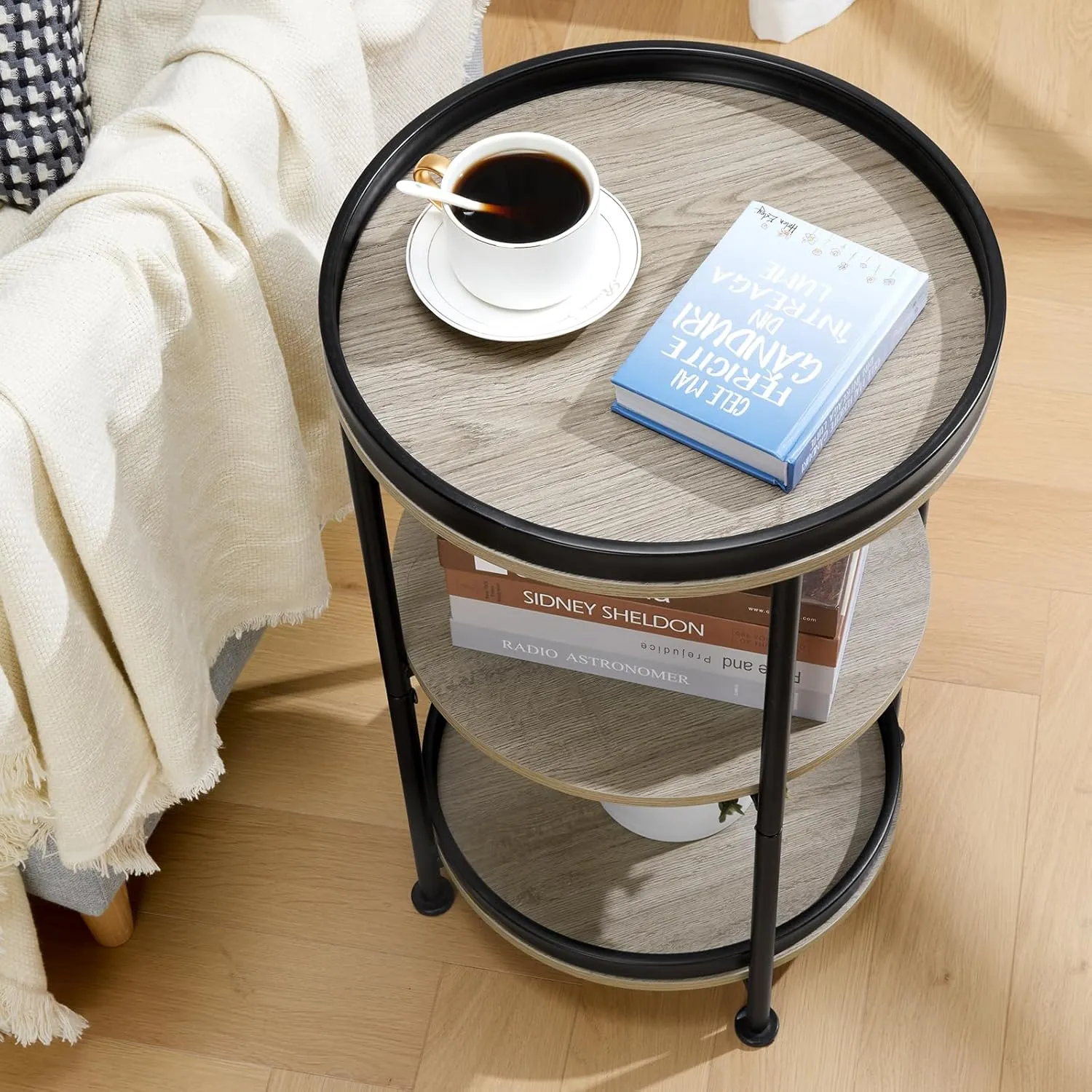Dulcii Side Table, Round End Table with 3 Storage Shelves for Living Room, Bedroom, Nightstand with Steel Frame for Small Spaces, Industrial Round Sofa Table, Outdoor Accent Coffee Table, Oak