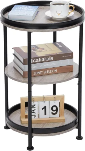 Dulcii Side Table, Round End Table with 3 Storage Shelves for Living Room, Bedroom, Nightstand with Steel Frame for Small Spaces, Industrial Round Sofa Table, Outdoor Accent Coffee Table, Oak