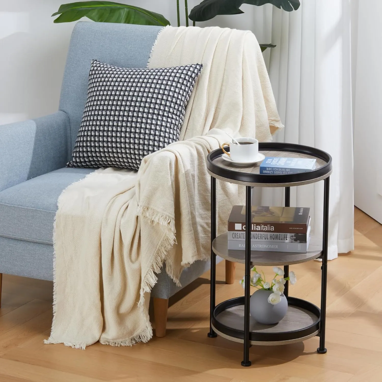 Dulcii Side Table, Round End Table with 3 Storage Shelves for Living Room, Bedroom, Nightstand with Steel Frame for Small Spaces, Industrial Round Sofa Table, Outdoor Accent Coffee Table, Oak