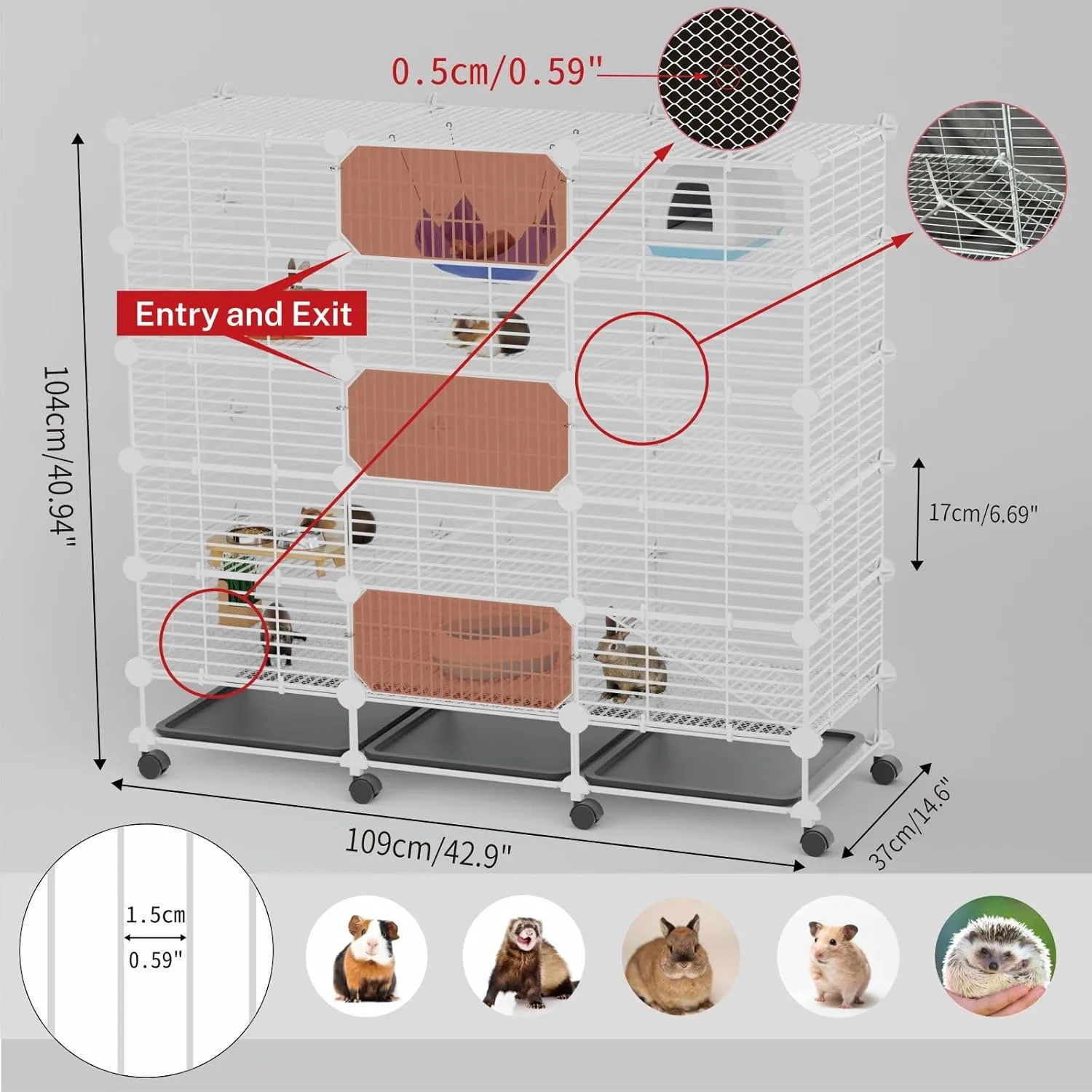 Extra Large Guinea Pig Cages Indoor: 5-Tier C&C Rabbit Cage Small Animal Cage on Wheel with Removable Tray for Bunny Hamster Ferret Rat Chinchilla Hedgehog