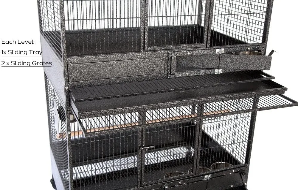 Extra Large Stackers Heavy Duty Wrought Iron Breeder Parrot Aviary Bird Breeding Rolling Cage with Side Nest Doors (Black Vein, Triple Stacker)