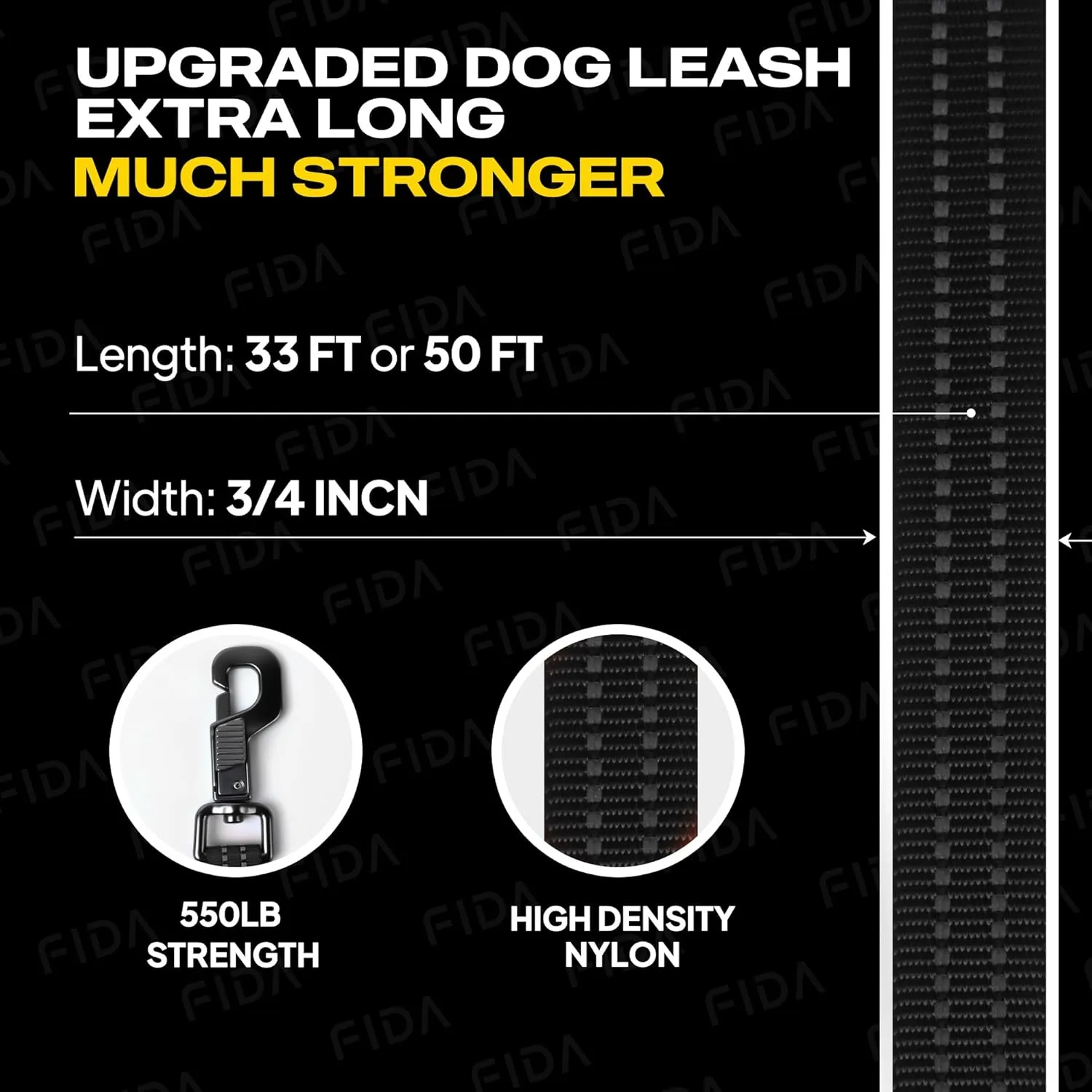 Fida Long Leash for Dogs with Traffic Handle,30ft 50ft Long Dog Leash Reflective Puppy Obedience Recall Training Agility Lead Soft Padded Design for Small Medium Large Breeds(33ft,Black)