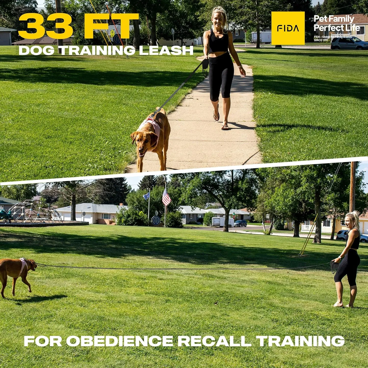 Fida Long Leash for Dogs with Traffic Handle,30ft 50ft Long Dog Leash Reflective Puppy Obedience Recall Training Agility Lead Soft Padded Design for Small Medium Large Breeds(33ft,Black)