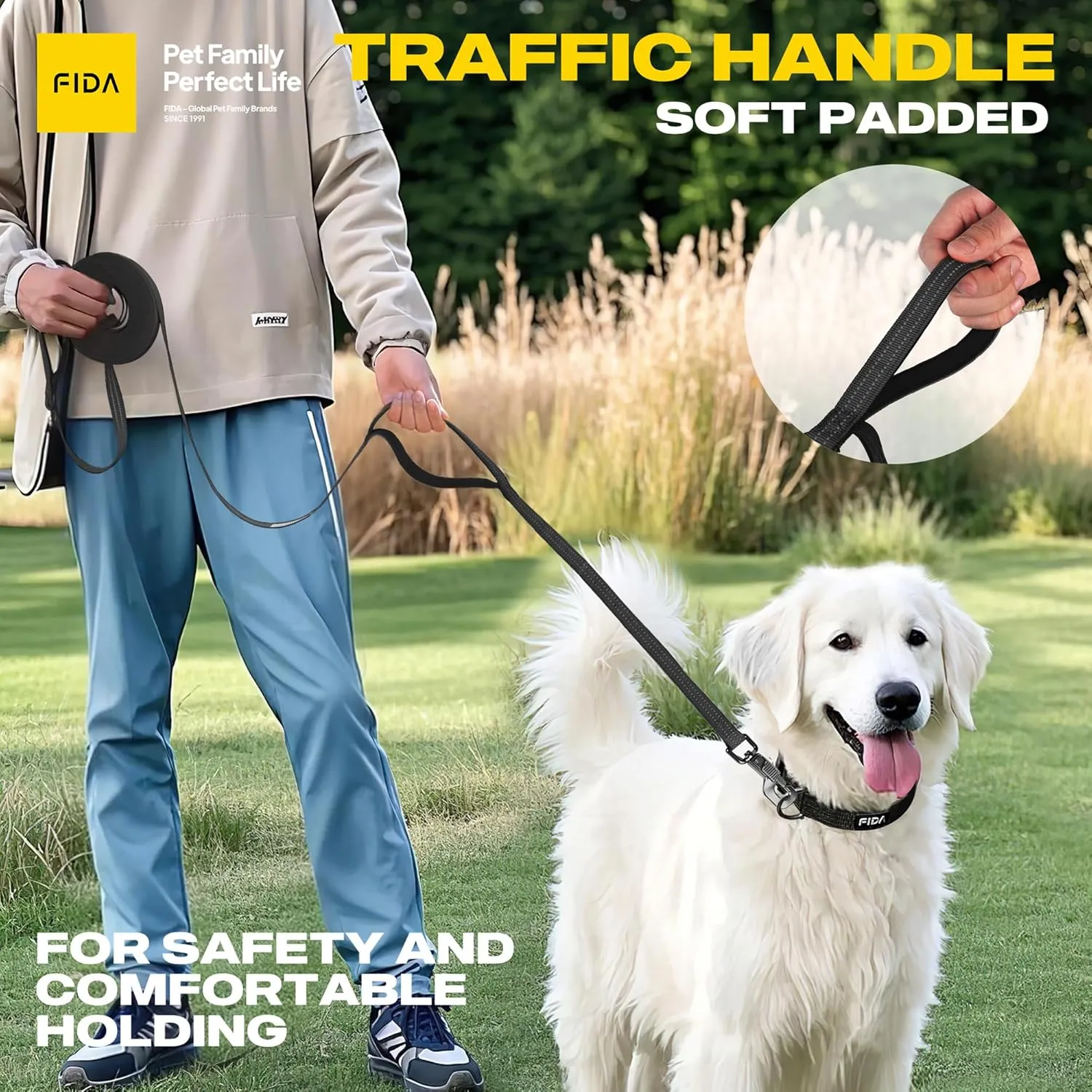 Fida Long Leash for Dogs with Traffic Handle,30ft 50ft Long Dog Leash Reflective Puppy Obedience Recall Training Agility Lead Soft Padded Design for Small Medium Large Breeds(33ft,Black)