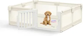 FXW Dog Playpen with Door, 71x59x24 Inch Spacious Safe Play Area, Non-Slip Design Dog Pen Indoor, Whelping Box/Potty Training for Dogs, Beige