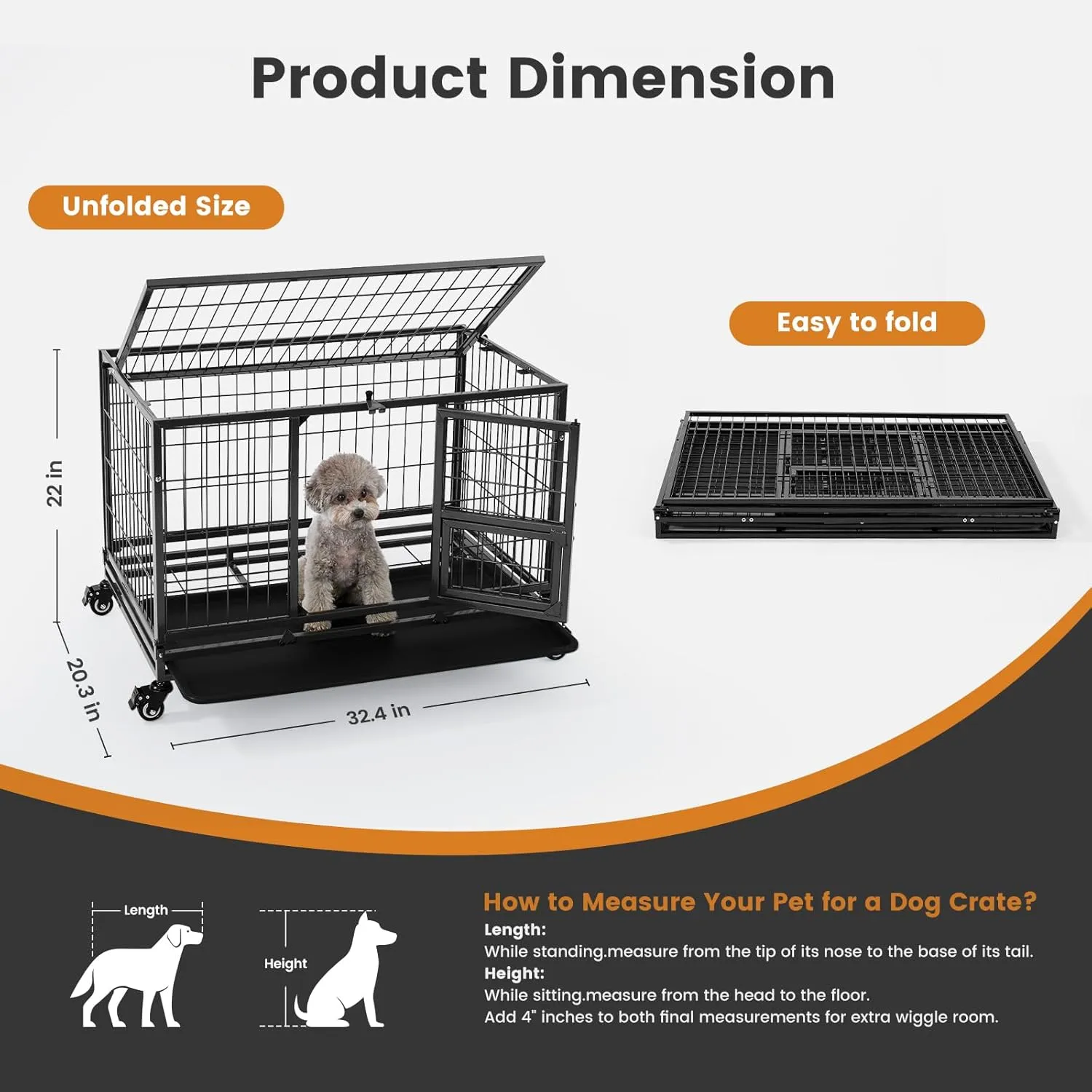 Gardner Pet 32 Inch Heavy Duty Dog Crate with Wheels, Folding Metal Dog Cage for Puppy/Small and Medium Dogs, Indestructible Dog Crate with Removable Tray (Black)
