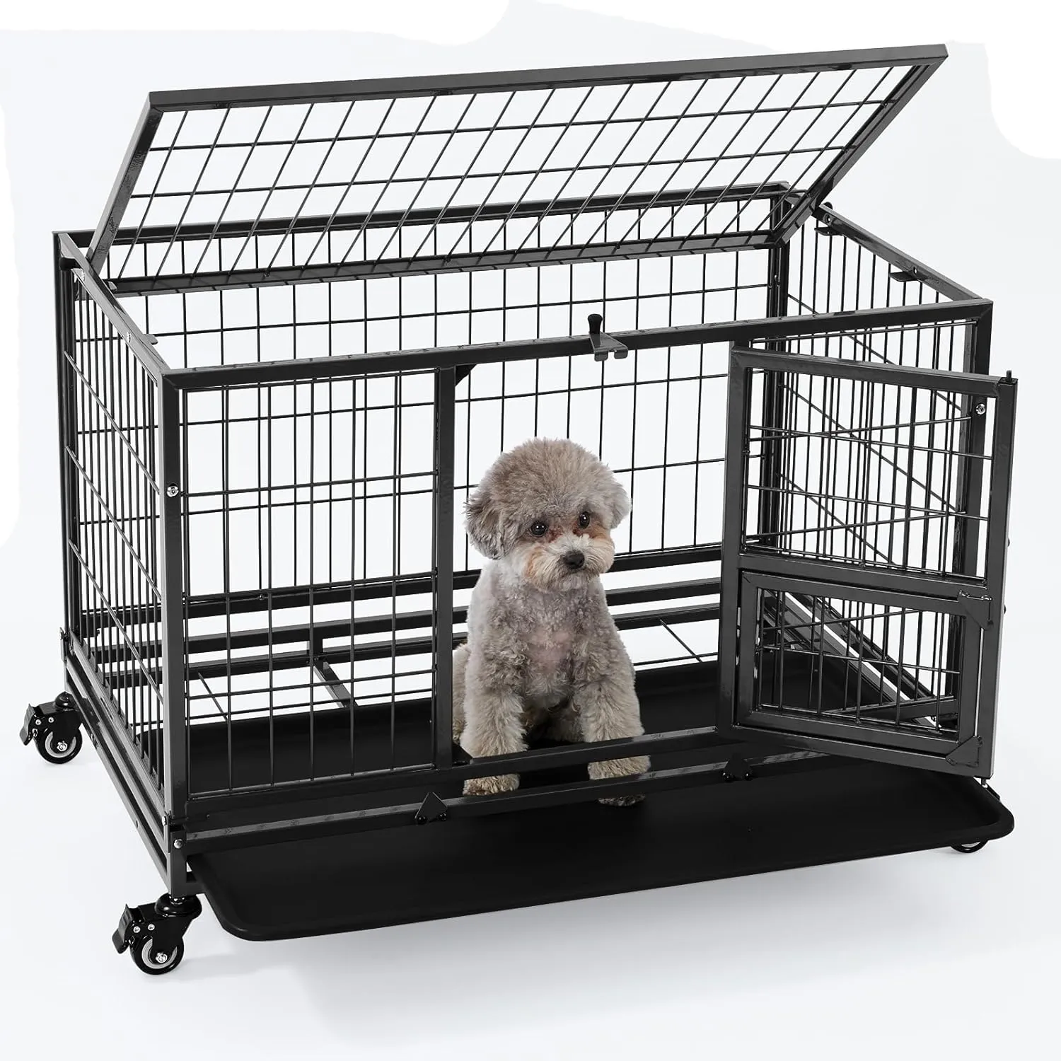 Gardner Pet 32 Inch Heavy Duty Dog Crate with Wheels, Folding Metal Dog Cage for Puppy/Small and Medium Dogs, Indestructible Dog Crate with Removable Tray (Black)