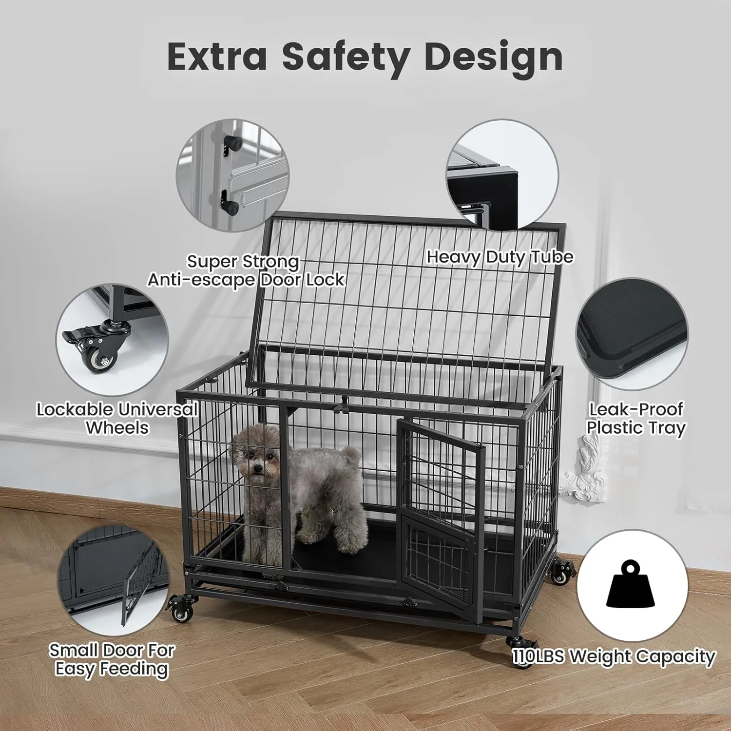 Gardner Pet 32 Inch Heavy Duty Dog Crate with Wheels, Folding Metal Dog Cage for Puppy/Small and Medium Dogs, Indestructible Dog Crate with Removable Tray (Black)
