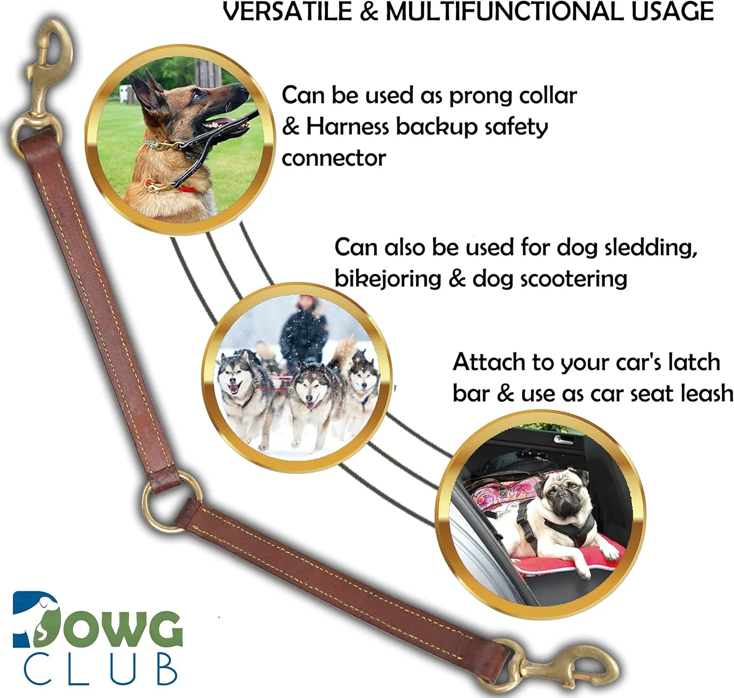 Genuine Leather Coupler for Dog Leash for Walking 2 Dogs | Multipurpose, Can be Used as Safety Seatbelt Leash in car, Backup Clip for Dog Harness | 20 (Coupler Tan)