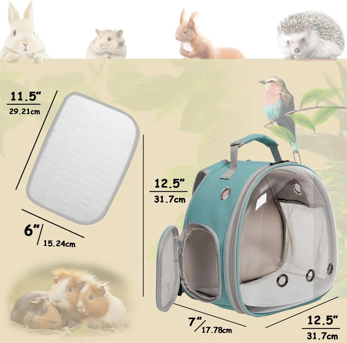 Guinea Pig Backpack Carrier, Bearded Dragon Carrier Backpack with Clear Bubble Window,Small Animal Travel Backpack for Hedgehog RatChameleon,Rabbit,Sugar Glider,Airline Approved (Green, Backpack)