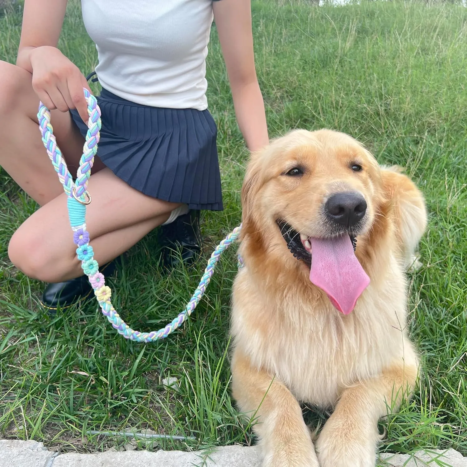 Handmade 5ft Braided Cotton Dog Leash with Unique Floral Handle, Durable and Stylish, Ideal for Small to Large Dogs, Rainbow Color