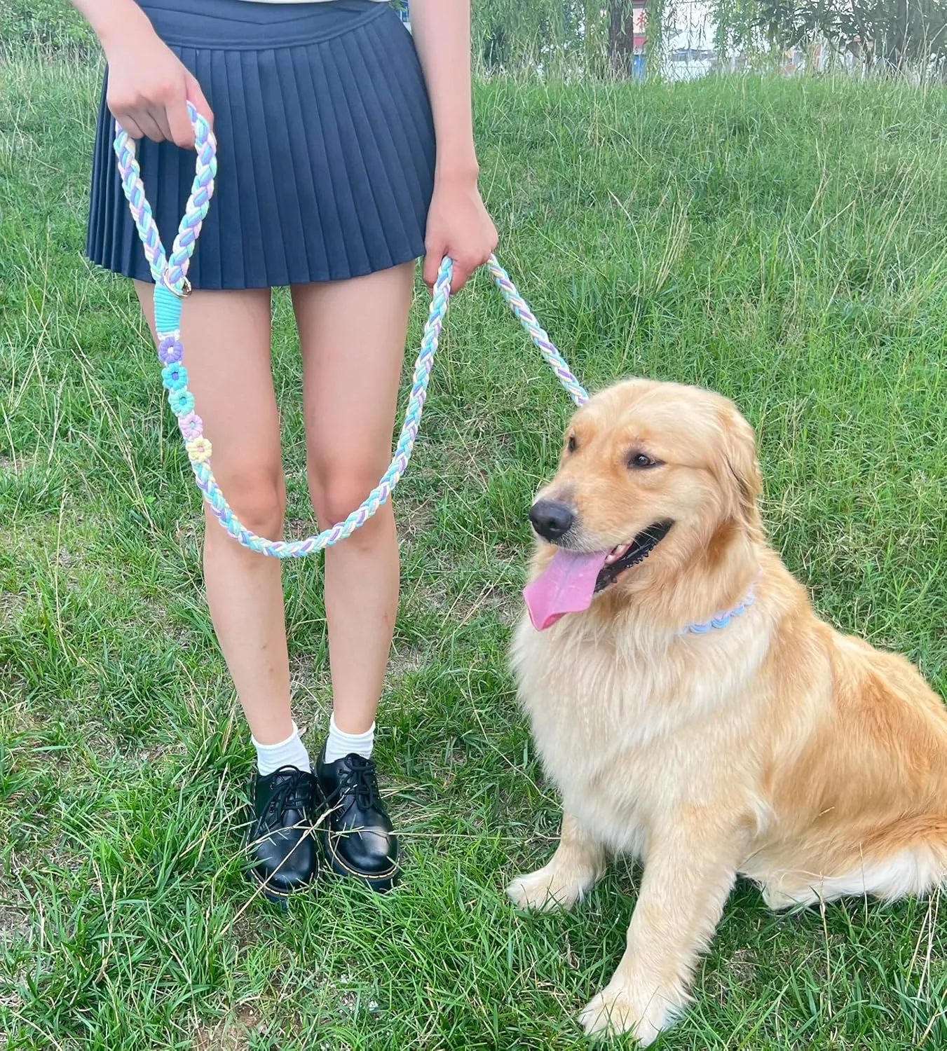 Handmade 5ft Braided Cotton Dog Leash with Unique Floral Handle, Durable and Stylish, Ideal for Small to Large Dogs, Rainbow Color