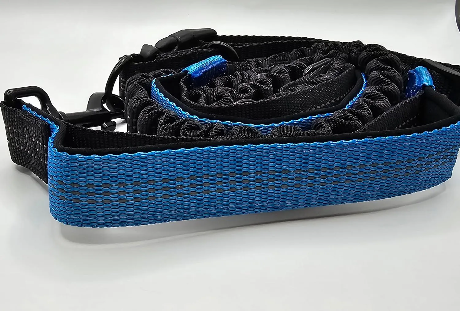 Hands Free Dog Leash with Adjustable Waist Belt, Dual Padded Handles, Elastic Bungee Ropes for Small to Large Dogs, Reflective Stitches for Walking, Hiking, Running and Biking. (Black/Blue, Medium)