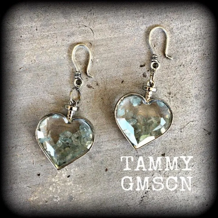 Heart ear weights 8 gauge aquamarine ear hangers 3mm tunnel earrings 2 gauge Gauged earrings 6mm tunnel dangles Hanging gauges Plug dangles