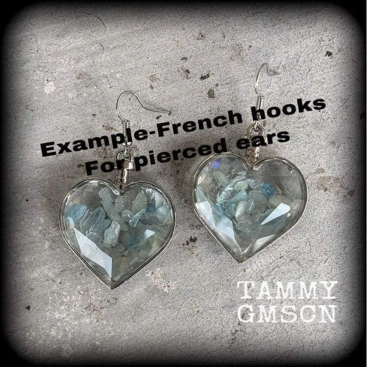 Heart ear weights 8 gauge aquamarine ear hangers 3mm tunnel earrings 2 gauge Gauged earrings 6mm tunnel dangles Hanging gauges Plug dangles