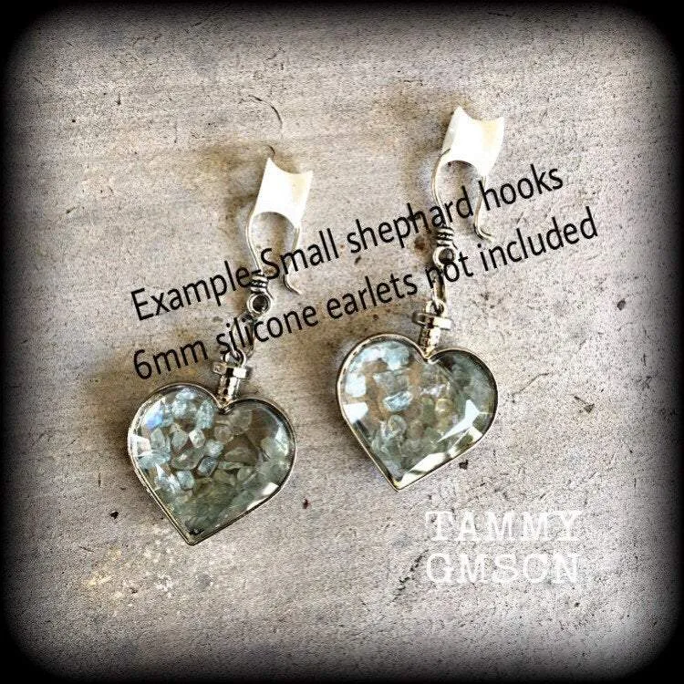 Heart ear weights 8 gauge aquamarine ear hangers 3mm tunnel earrings 2 gauge Gauged earrings 6mm tunnel dangles Hanging gauges Plug dangles