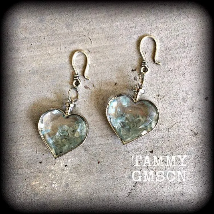 Heart ear weights 8 gauge aquamarine ear hangers 3mm tunnel earrings 2 gauge Gauged earrings 6mm tunnel dangles Hanging gauges Plug dangles