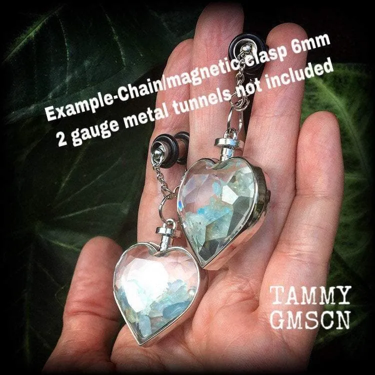 Heart ear weights 8 gauge aquamarine ear hangers 3mm tunnel earrings 2 gauge Gauged earrings 6mm tunnel dangles Hanging gauges Plug dangles
