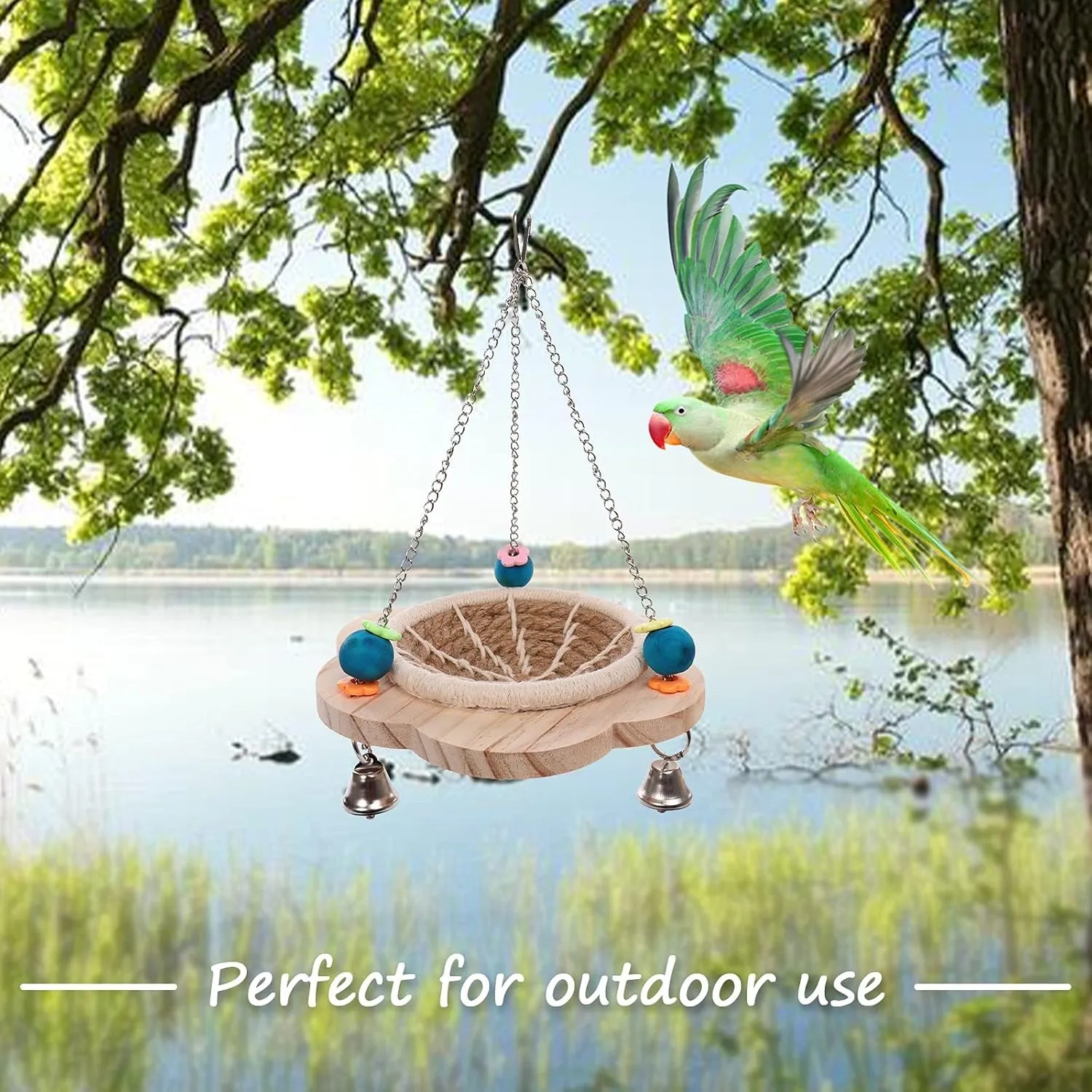 Hemp Rope Bird Nest, Pet Bed Hanging Parrot House Nesting Box with Toys Bells, Cotton Rope and Wood Material Hatching Hut Hammock Swing for Cockatiel Habitat Hideaway Cage Accessories