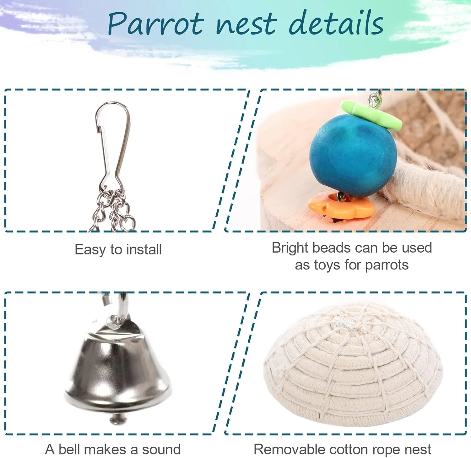 Hemp Rope Bird Nest, Pet Bed Hanging Parrot House Nesting Box with Toys Bells, Cotton Rope and Wood Material Hatching Hut Hammock Swing for Cockatiel Habitat Hideaway Cage Accessories