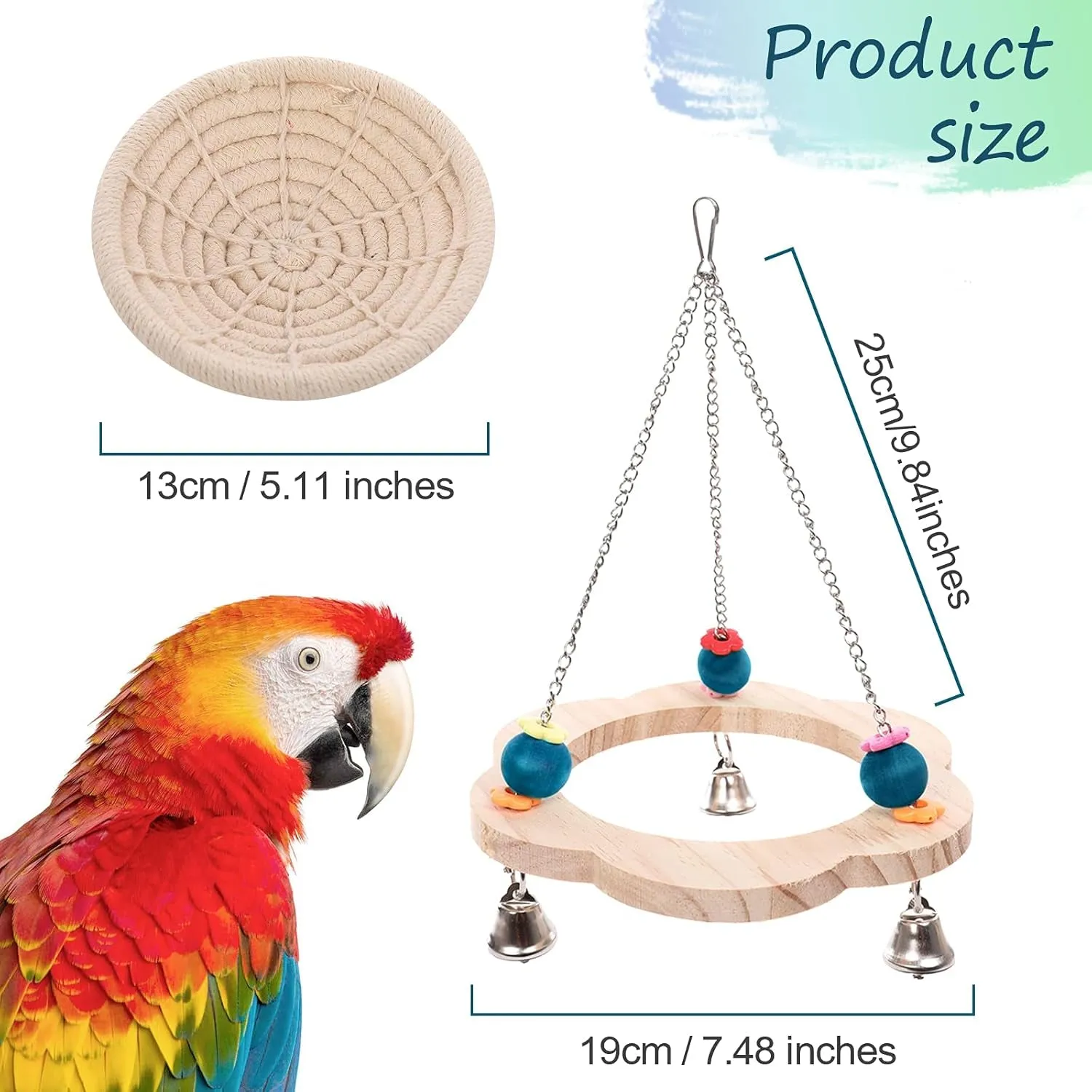 Hemp Rope Bird Nest, Pet Bed Hanging Parrot House Nesting Box with Toys Bells, Cotton Rope and Wood Material Hatching Hut Hammock Swing for Cockatiel Habitat Hideaway Cage Accessories