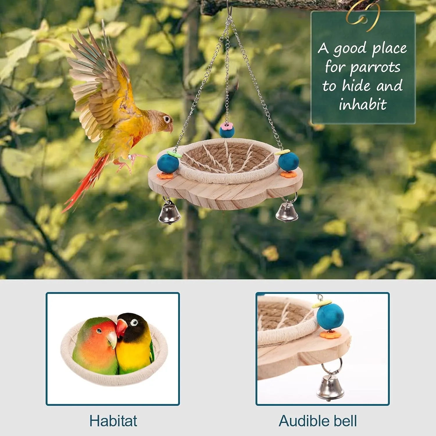 Hemp Rope Bird Nest, Pet Bed Hanging Parrot House Nesting Box with Toys Bells, Cotton Rope and Wood Material Hatching Hut Hammock Swing for Cockatiel Habitat Hideaway Cage Accessories
