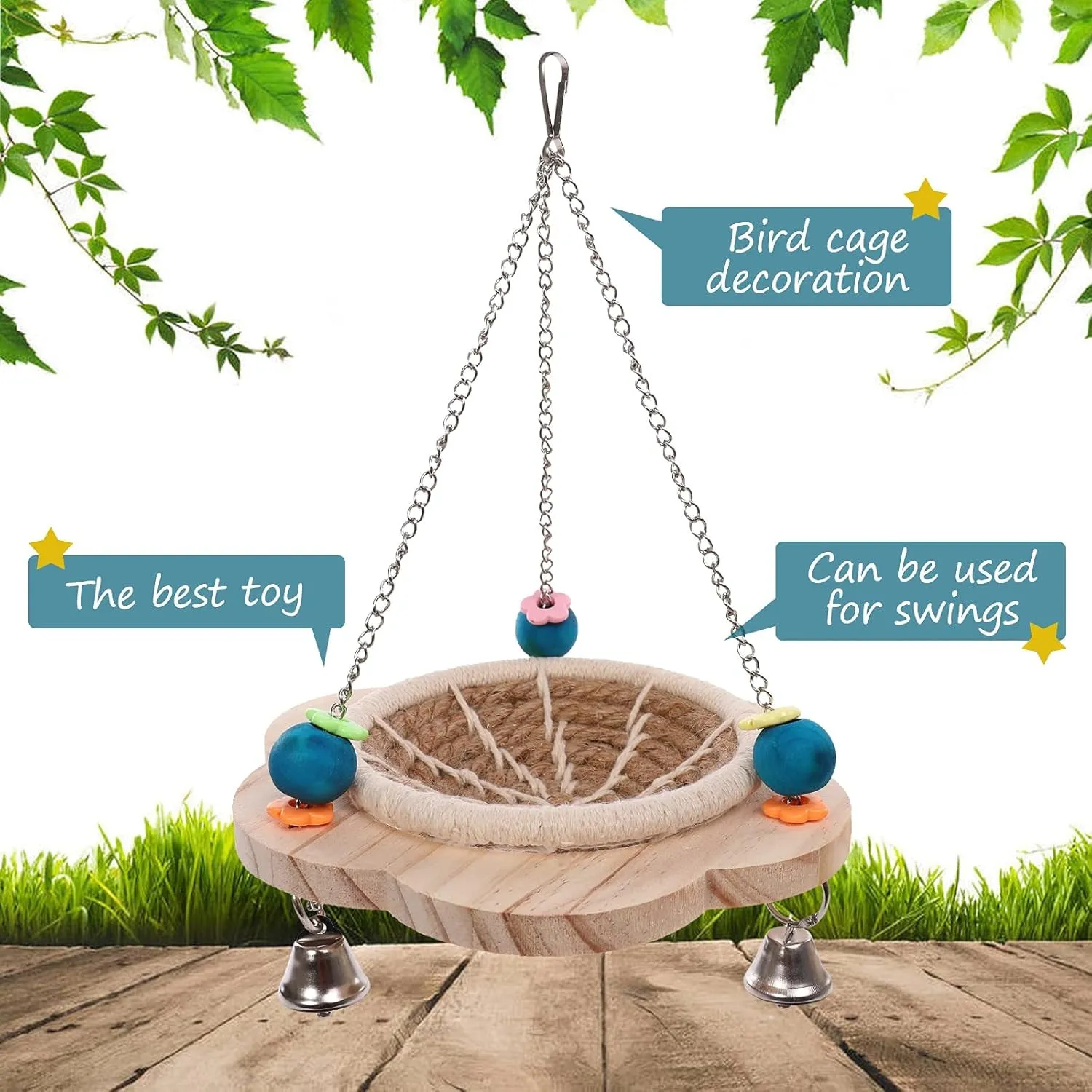 Hemp Rope Bird Nest, Pet Bed Hanging Parrot House Nesting Box with Toys Bells, Cotton Rope and Wood Material Hatching Hut Hammock Swing for Cockatiel Habitat Hideaway Cage Accessories