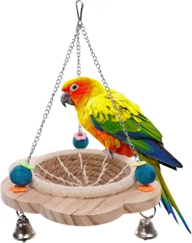Hemp Rope Bird Nest, Pet Bed Hanging Parrot House Nesting Box with Toys Bells, Cotton Rope and Wood Material Hatching Hut Hammock Swing for Cockatiel Habitat Hideaway Cage Accessories