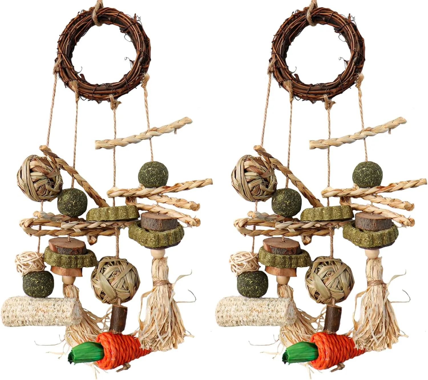 HERCOCCI 2 Pack Bunny Chew Toys for Rabbits, Natural Handmade - Rabbit Cage Hanging Toys and Treats for Rabbits Guinea Pigs Hamsters Gerbils Rats