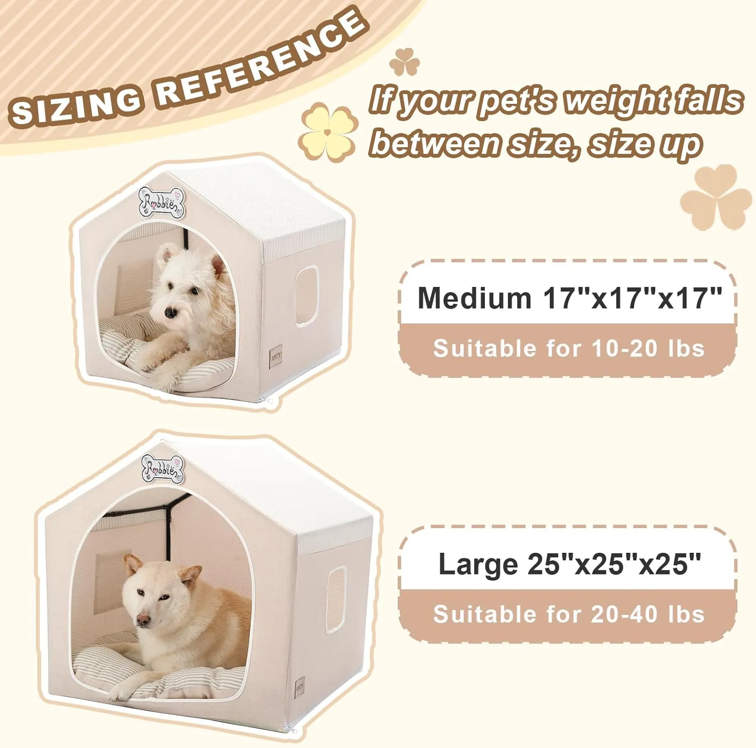 Jiupety Indoor Dog House with Frame, Cute Dog Tent Bed with Cover Cave, Breathable, Washable, and Foldable House, Suitable for 10-20 Lb Puppy and Cats, Medium (17"17"17"), Beige