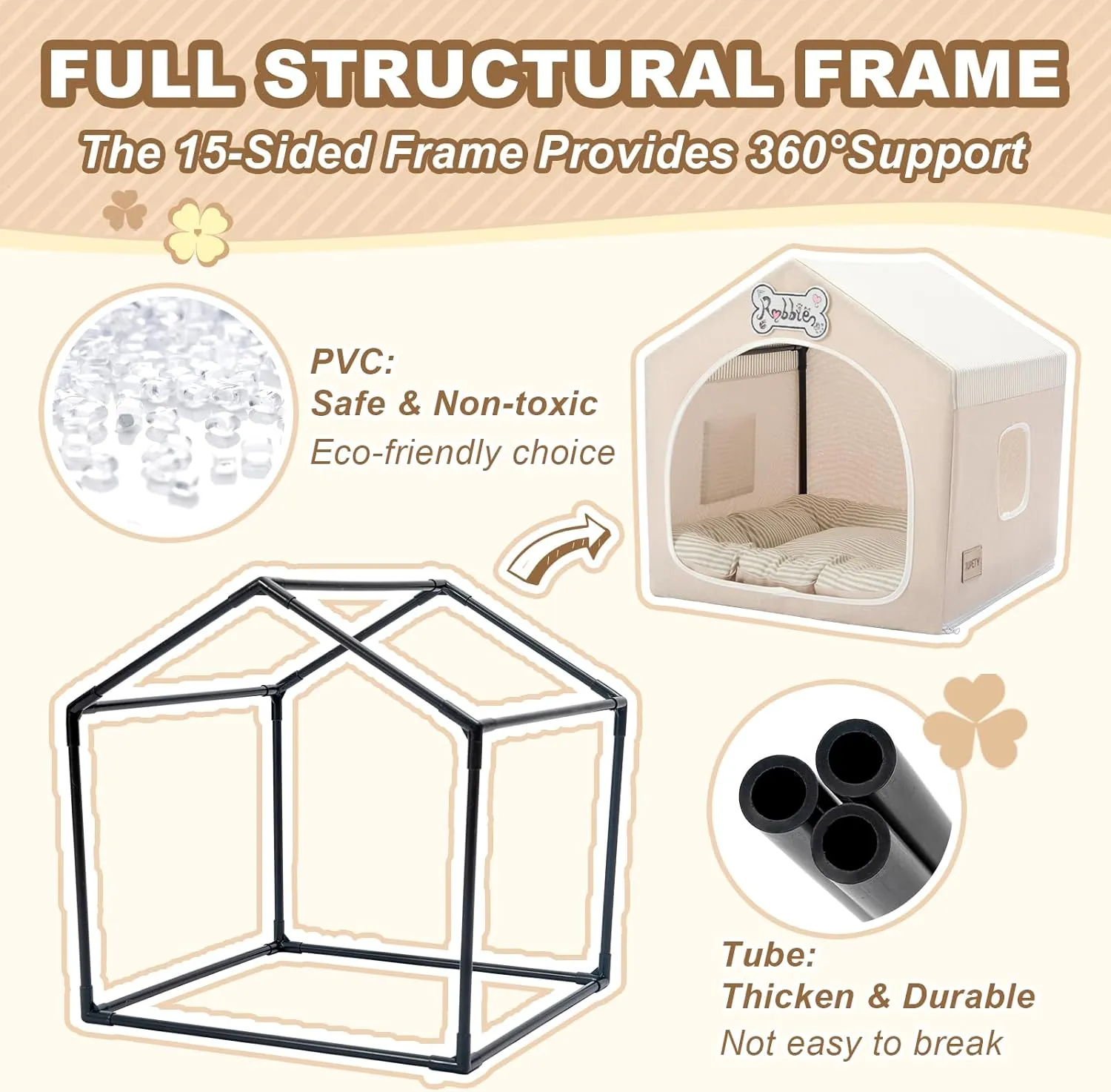 Jiupety Indoor Dog House with Frame, Cute Dog Tent Bed with Cover Cave, Breathable, Washable, and Foldable House, Suitable for 10-20 Lb Puppy and Cats, Medium (17"17"17"), Beige
