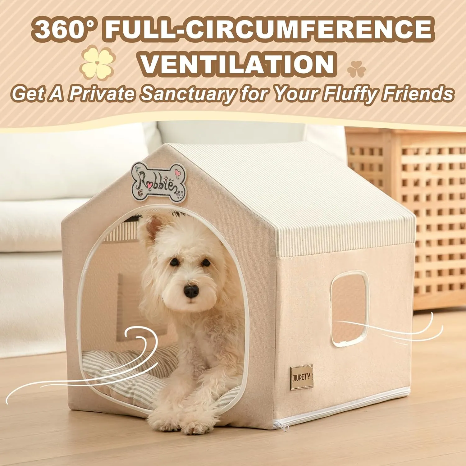 Jiupety Indoor Dog House with Frame, Cute Dog Tent Bed with Cover Cave, Breathable, Washable, and Foldable House, Suitable for 10-20 Lb Puppy and Cats, Medium (17"17"17"), Beige