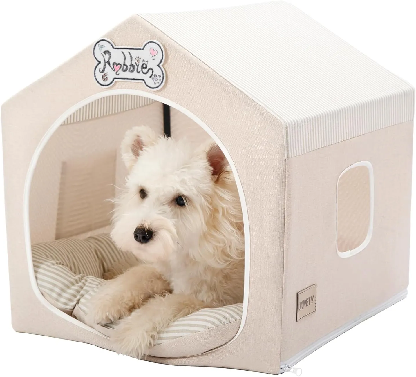 Jiupety Indoor Dog House with Frame, Cute Dog Tent Bed with Cover Cave, Breathable, Washable, and Foldable House, Suitable for 10-20 Lb Puppy and Cats, Medium (17"17"17"), Beige