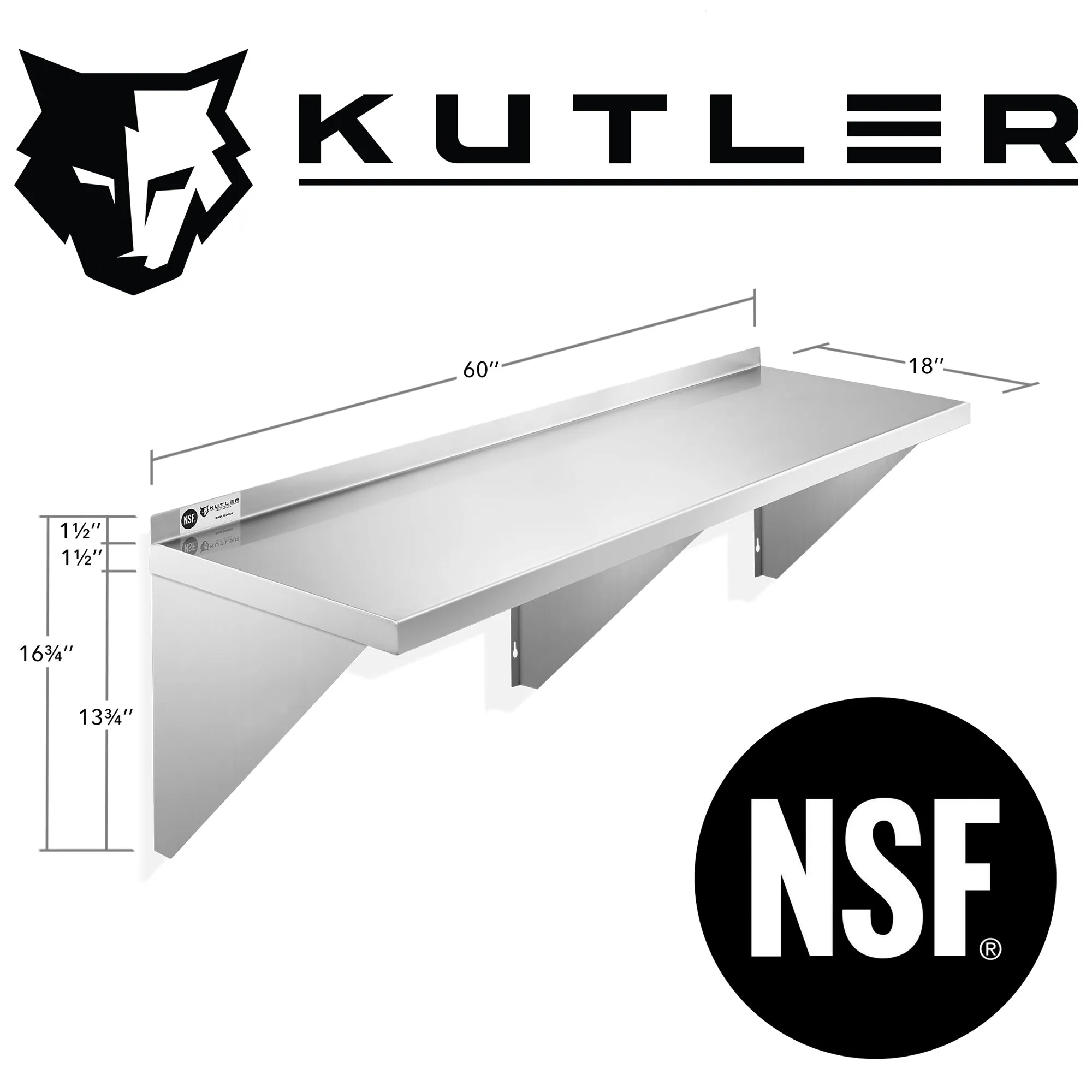 KUTLER Stainless Steel Shelf , NSF Commercial Kitchen Wall Shelving