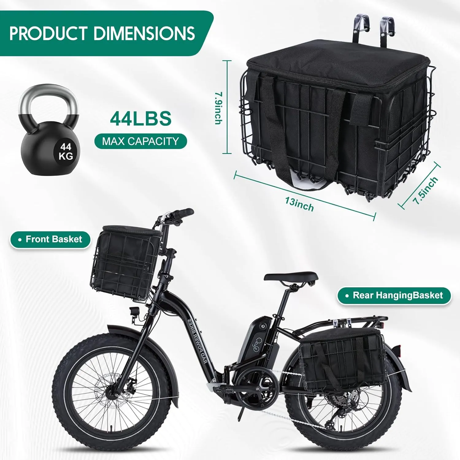 Large Capacity Folding Bike Basket Front/Rear, Heavy Duty Bicycle Basket with Removable Liner Bag, Deformation Resistant and Easy to Install