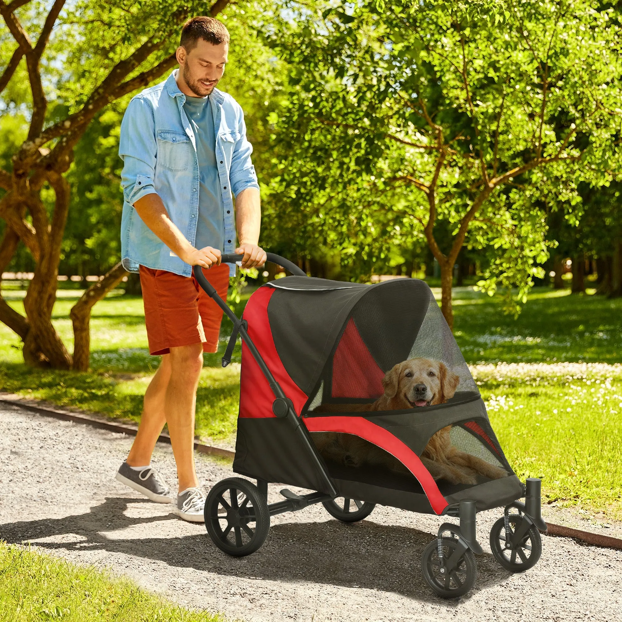Large Dog Stroller Foldable with Mesh Windows, Cushion and Leashes, 124x67x100 cm, Black