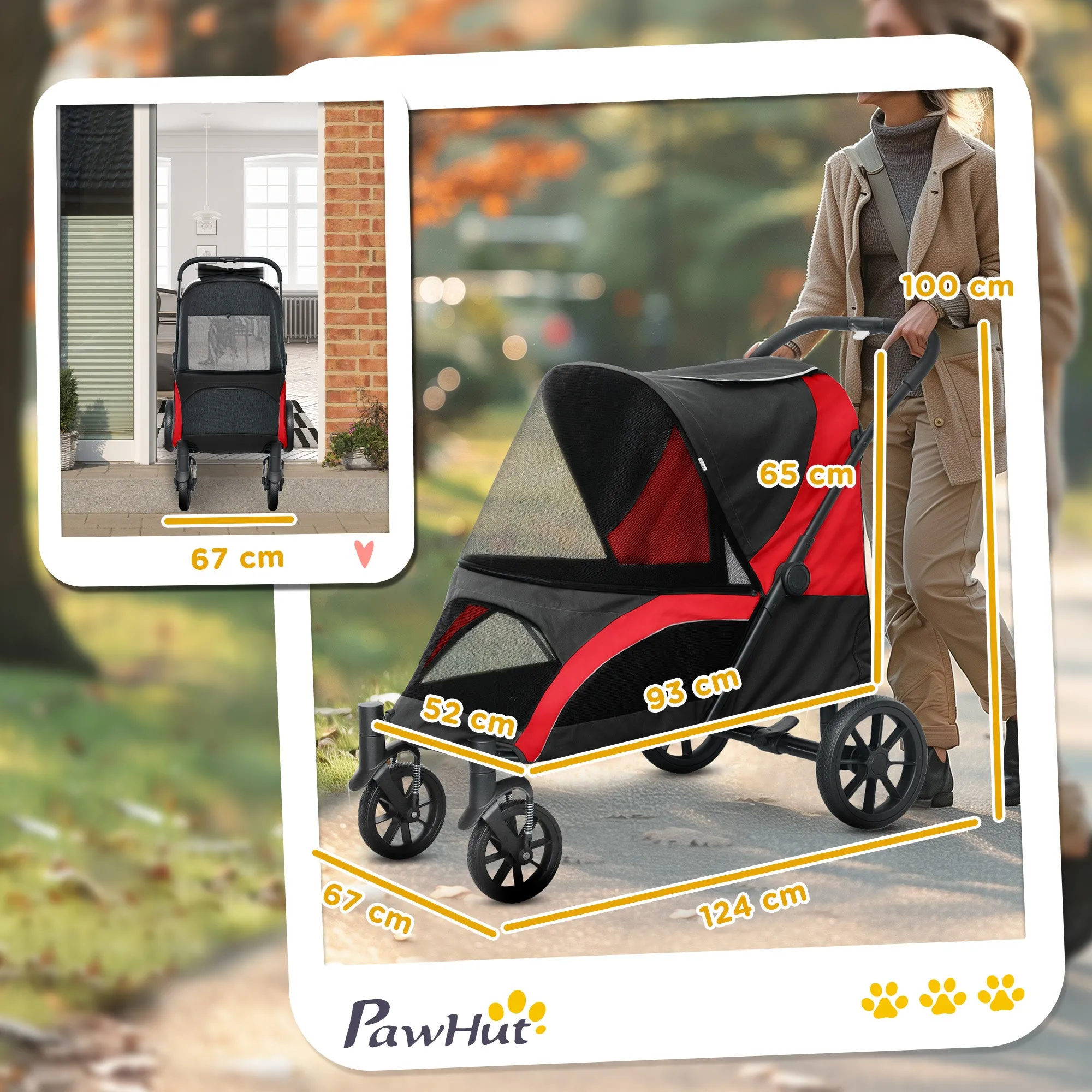Large Dog Stroller Foldable with Mesh Windows, Cushion and Leashes, 124x67x100 cm, Black