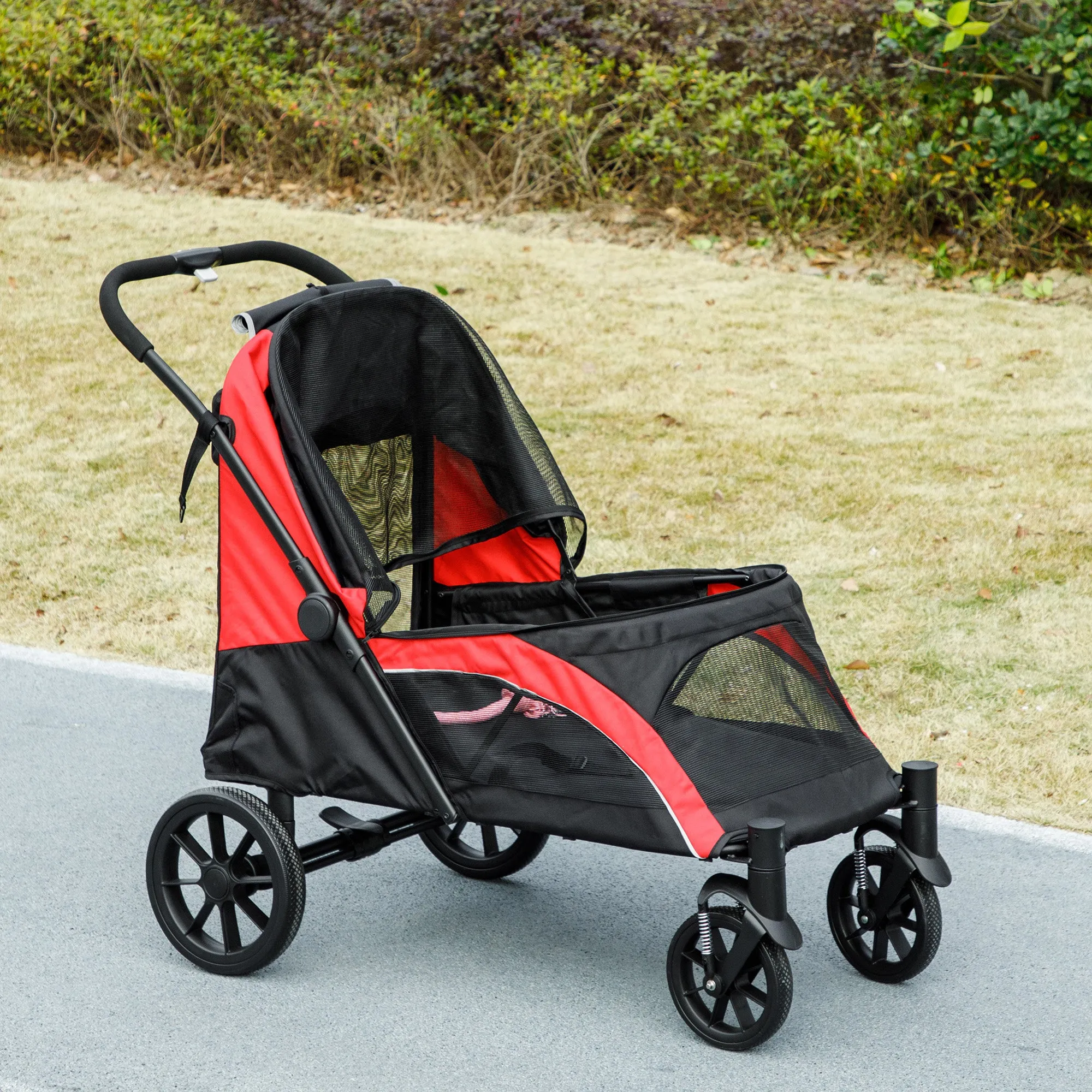 Large Dog Stroller Foldable with Mesh Windows, Cushion and Leashes, 124x67x100 cm, Black