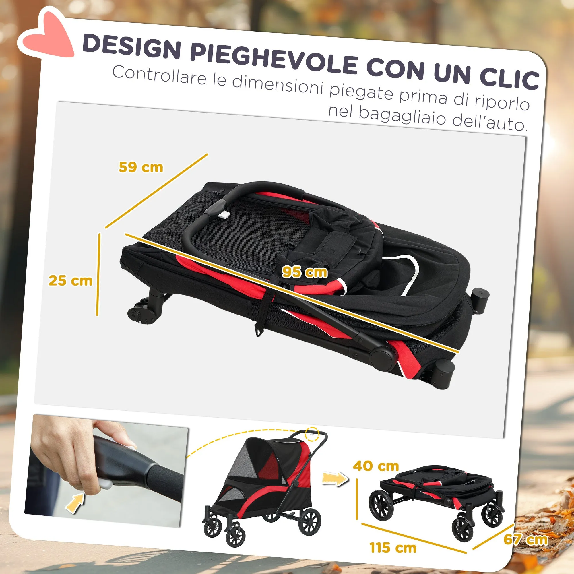Large Dog Stroller Foldable with Mesh Windows, Cushion and Leashes, 124x67x100 cm, Black