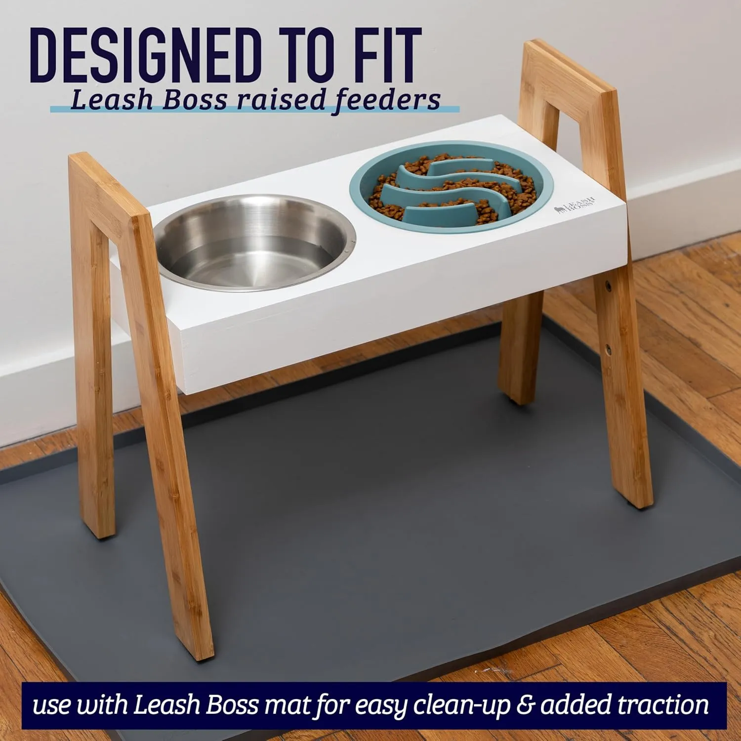 Leashboss Dog Bowl Slow Feeder for Raised Pet Feeders - Maze Food Bowl Compatible with Elevated Diners for Neater Pet Eating (1.5 Cup - 6-6.25 Inch Feeder Holes, Blue)